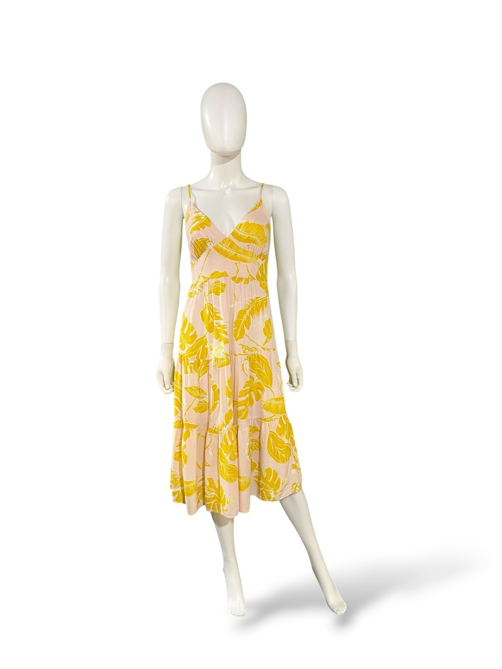 Wild Fable Yellow Leaf-Print Slip Midi Dress, S